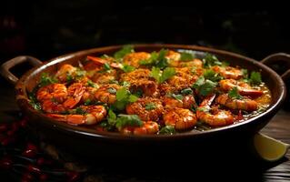 AI generated Spicy delicious food shrimp soup on a plate on a table photo