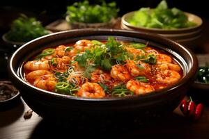 AI generated Spicy delicious food shrimp soup on a plate on a table photo