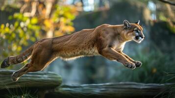 AI generated puma is captured in mid-air. Its resilient muscles are taut, and it is leaping gracefully in its enclosure. photo