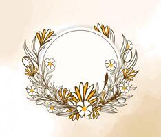 Round floral frame in retro style with flowers and leaves. Hand drawn floral wreath for wedding invitation card design vector