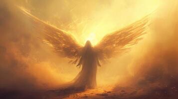 AI generated A Seraphic Being, Radiant Wings Spanning, Embraced by Sunlight Against a Desert Backdrop. photo