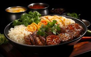 ai generado ver de hermosa delicioso comida carne fideos barbacoa ñam tum menú en un plato foto