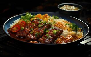 AI generated View of Beautiful delicious food meat noodle BBQ yum tum menu on a plate photo