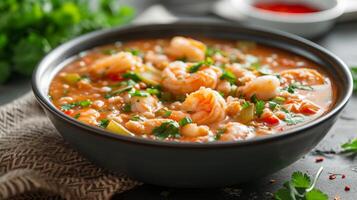 AI generated A bowl of seafood gumbo, a Cajun delight, with shrimp, crab, and okra in a spicy broth. photo