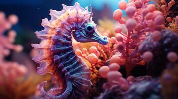 AI generated A close-up of a neon-bright seahorse, blending seamlessly with its coral surroundings. photo