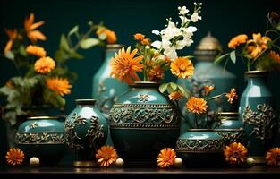 AI generated View of Beautiful flowers and vases of different colors to decorate the house on a table photo