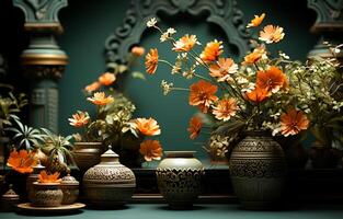 ai generado ver de hermosa flores y floreros de diferente colores a Decorar el casa en un mesa foto