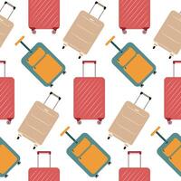 Seamless pattern with different travel cartoon plastic suitcases on wheels. Background with travel bag, case, trunk, valise. vector