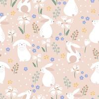 Lovely bunny with flowers. Seamless rabbit pattern vector