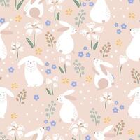 Lovely bunny with flowers. Seamless rabbit pattern vector