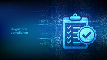 Regulation Compliance icon made with binary code. Reg Tech financial control background. Compliance rules. Law regulation policy. Digital code matrix background with digits 1.0. Vector Illustration.