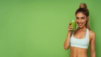 AI generated Healthy woman holding vegetable juice on green background photo