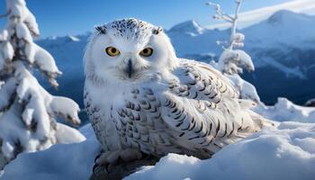 ai generado majestuoso águila búho encaramado en Nevado rama, mirando a cámara generado por ai foto