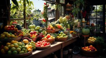 AI generated Various delicious healthy fruits multi-layered in wooden style in a shop photo