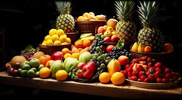 ai generado varios delicioso sano frutas multicapa en de madera estilo en un tienda foto