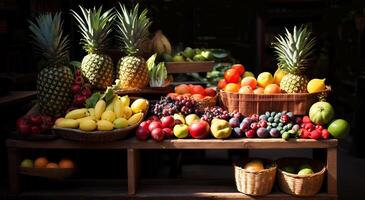 ai generado varios delicioso sano frutas multicapa en de madera estilo en un tienda foto