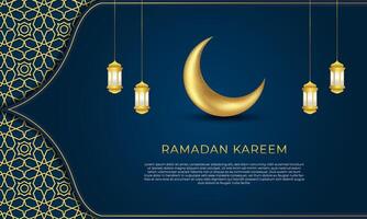 Modern luxury islamic ramadan kareem with ornament pattern moon and lanterndesign on blue background background vector