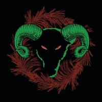 T-shirt design of a goat head with horns on red branches on a black background. satanic circle vector