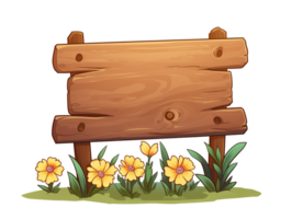 AI generated Wooden sign with flowers, no message, cartoon style, isolated on a transparent background. png