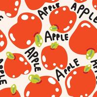 Seamless pattern of cute big apple with text on background.Fruit hand drawn cartoon.Image for card,poster,clothing print screen.Kawaii.Vector.Illustration. vector