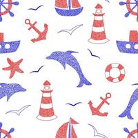 Seamless pattern with hand drawn anchor, dolphin,ship, lighthouse, sailboat, hand wheel, helm on white background in childrens naive style. vector