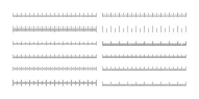 Measuring scales. Line ruler tape with meter centimeter inch marks, measurement equipment with size indicators, math geometric tools. Vector isolated set