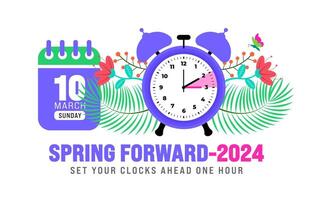 Spring Forward concept 2024 banner. Daylight Saving Time Starts background with cartoon doodle style with funny clock flower. schedule of changing clocks at march 10, 2024. Spring Forward clock banner vector