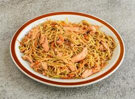 chicken chowmein served in plate isolated on grey background top view of pakistani and indian spices food photo