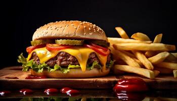 AI generated Grilled burger, fries, cheese, tomato American fast food delight generated by AI photo