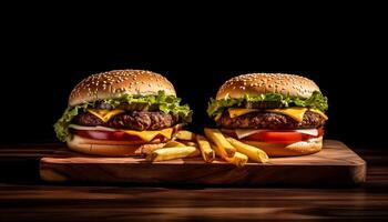 ai generado A la parrilla carne de vaca hamburguesa, queso derritiendo, rústico bollo, insalubre rápido comida generado por ai foto