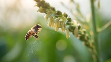 Honey bee worker collecting pollen from flower of Sweet corn, Flying, pollinate, nectar, yellow pollen ,insect,  bumblebee, Macro horizontal photography, Summer and spring backgrounds, copy space. photo