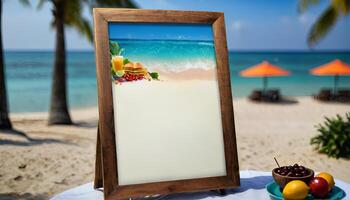 AI generated Close-up of a beach food menu frame mockup during a party., with a blurred or bokeh background. photo