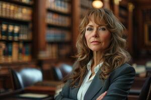 AI generated female lawyer in her cabinet or library. ai generated photo