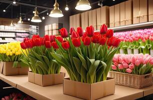 ai generado vistoso ramos de flores de tulipanes en un flor tienda - Fresco cortar flores en cajas y floreros en un almacén y bastidores para venta, entrega para el día festivo. primavera, marzo 8, De las mujeres día, cumpleaños. foto