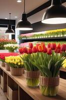 AI generated Colorful bouquets of tulips in a flower shop - fresh cut flowers in boxes and vases in a warehouse and racks for sale, delivery for the holiday. Spring, March 8, women's Day, birthday. photo