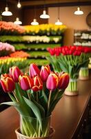 ai generado vistoso ramos de flores de tulipanes en un flor tienda - Fresco cortar flores en cajas y floreros en un almacén y bastidores para venta, entrega para el día festivo. primavera, marzo 8, De las mujeres día, cumpleaños. foto