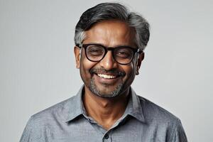AI generated Adult happy Indian man wearing eyeglasses on a gray solid background with copy space. AI generated photo