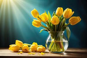 AI generated A bouquet of yellow tulips in a vase on the table on a blue background with copy space. A festive birthday card, March 8th, a spring gift. AI generated photo