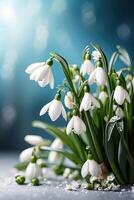 AI generated A bouquet of white snowdrops on the table on a blue background with festive bokeh lights and copy space. A festive birthday card, March 8th, a spring gift. AI generated photo