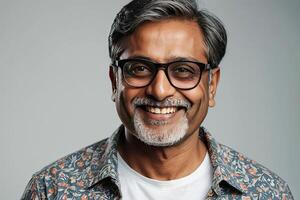 AI generated Adult happy Indian man wearing eyeglasses on a gray solid background with copy space. AI generated photo