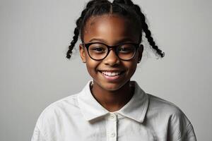 AI generated happy darkskinned schoolgirl teenager wearing eyeglasses on a gray solid background with copy space.  AI generated photo