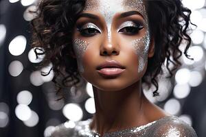 AI generated closeup beautiful darkskinned woman with creative makeup with glitter, festive makeup for a party, new year, disco, holiday. AI generated photo