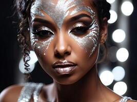 AI generated closeup beautiful darkskinned woman with creative makeup with glitter, festive makeup for a party, new year, disco, holiday. AI generated photo