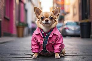 AI generated A chihuahua female dog in a pink shiny glamorous jacket on a city street. Dog fashion, animal clothing. AI generated photo
