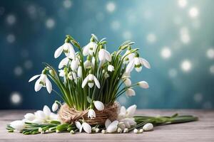 AI generated A bouquet of white snowdrops on the table on a blue background with festive bokeh lights and copy space. A festive birthday card, March 8th, a spring gift. AI generated photo