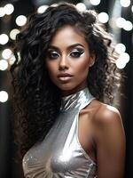AI generated closeup beautiful darkskinned woman with creative makeup with glitter, festive makeup for a party, new year, disco, holiday. AI generated photo
