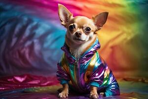 AI generated A chihuahua dog in a rainbow shiny glamorous jacket indoor in the studio on a rainbow background. Dog fashion, animal clothing. AI generated photo