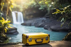 AI generated A yellow suitcase on the background of a waterfall in the rainforest. Travel, trekking tour to wild, exotic places, tourism, outdoor activities. AI generated photo