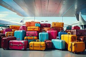 AI generated A bunch of suitcases at the airport - cargo control, baggage allowance and hand luggage parameters on the plane, security, check-in and delivery of personal belongings. AI generated photo