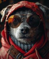 ai generado perro en rojo chaqueta y lentes foto